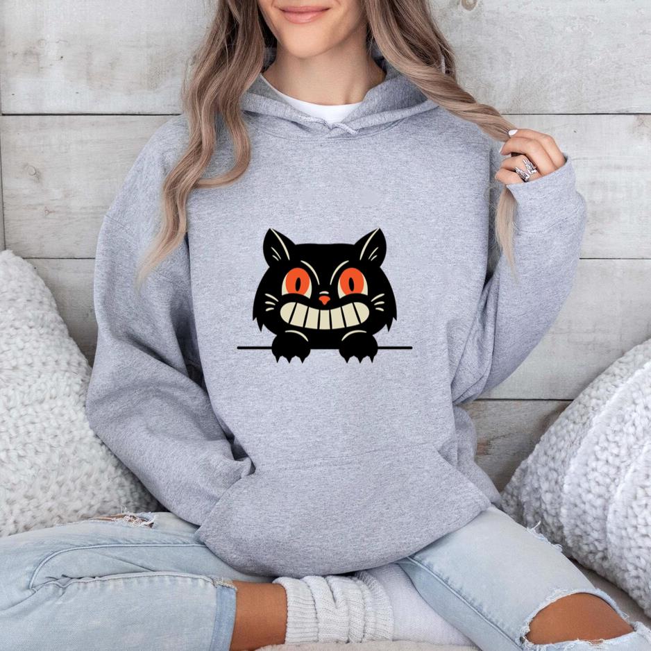 Black Cat With Red Eyes And A Smile Design Hoodie