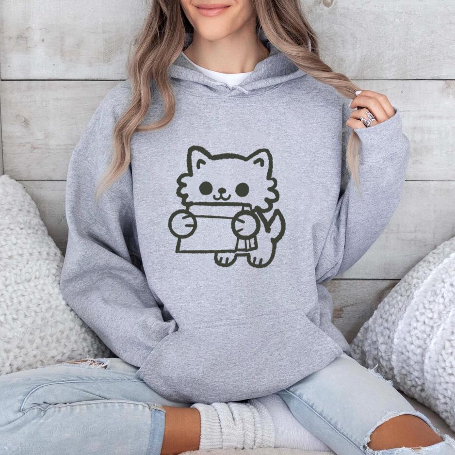 Black Drawing Of A Cat Holding A Gift Hoodie