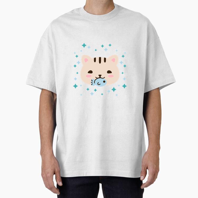 Kawaii Cat With A Fish In Its Mouth Oversized T-Shirt