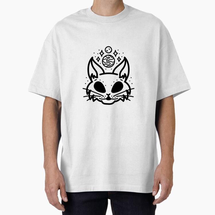 Mystical Cat Design With Planetary Elements Oversized T-Shirt