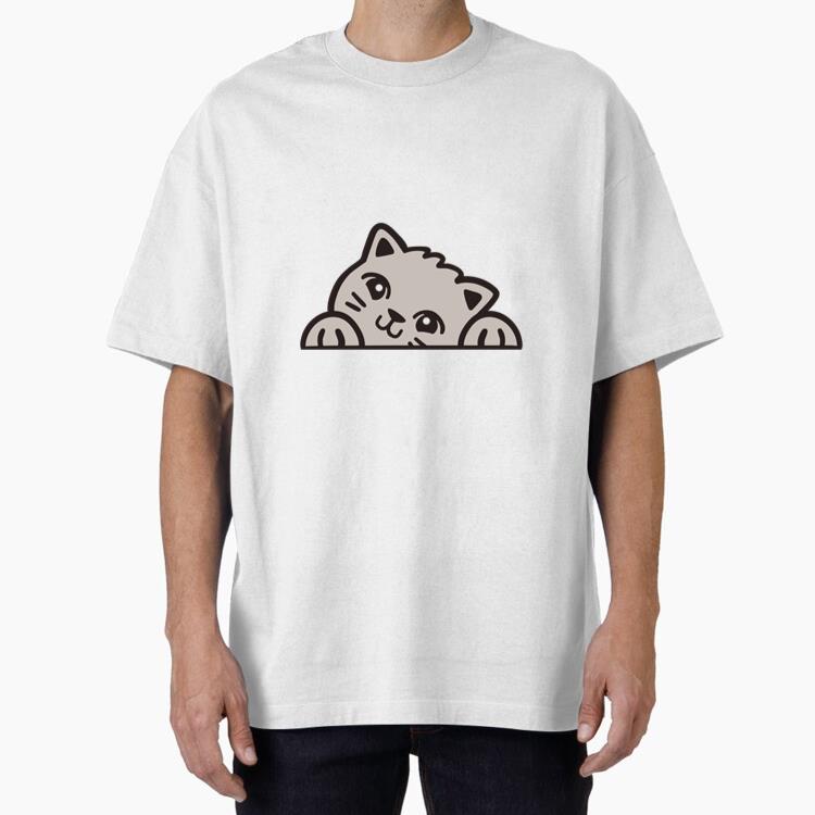 Peekaboo Cute Grey Cat Flat Oversized T-Shirt