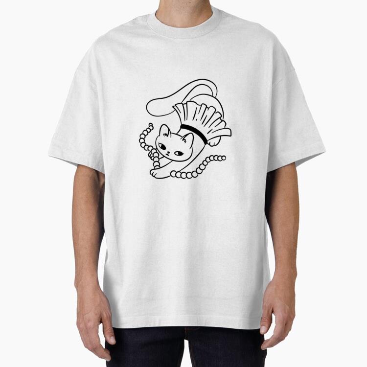 Playful Cat Illustration With Pearls And Frills Oversized T-Shirt