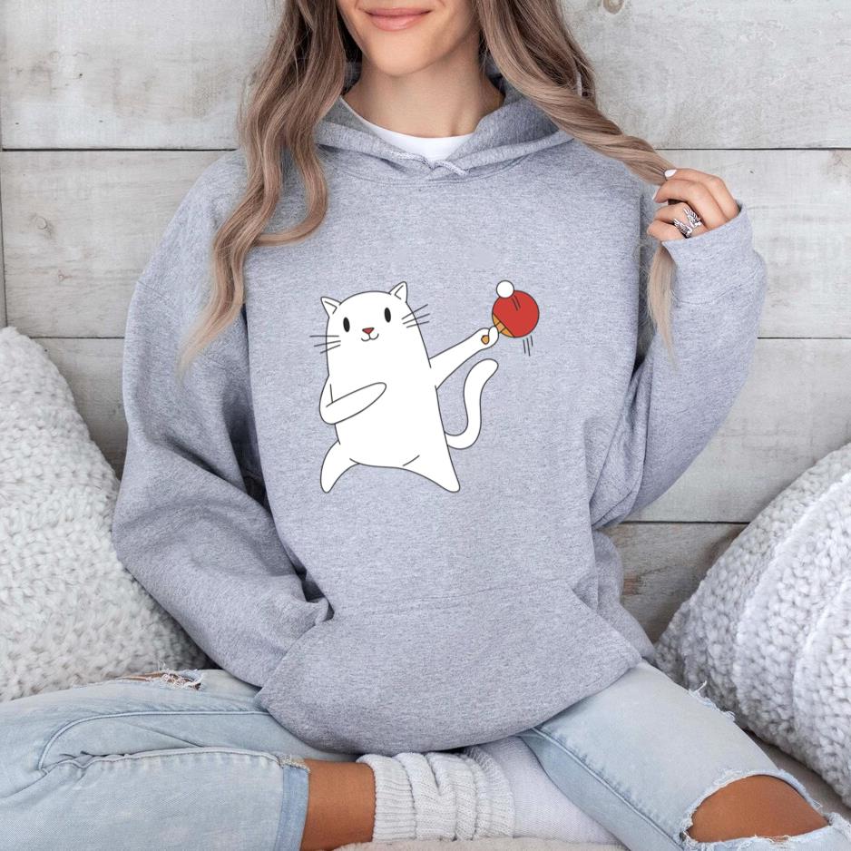 White Cat Is Playing Ping Pong With A Red Ball Hoodie